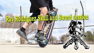 Ray BONES Rodriguez Skull and Sword skateboard session 80s deck shape