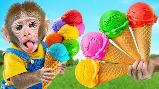 KiKi Monkey cook Yummy Rainbow Ice Cream in Ice Cream Truck to eat with Puppy | KUDO ANIMAL KIKI