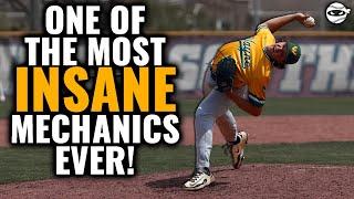 College Pitcher with the CRAZIEST Pitching Mechanics Ever!!
