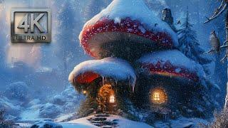 Enchanted Forest Mushroom House, Relaxing Winter Ambience, Snow Falling, Calm Wind & Nature Sounds