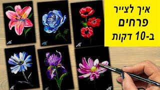 איך לצייר 6 פרחים בקלות בצבעי אקריליק- שיעור ציור למתחילים עם הסבר בעברית -ציור ב10 דקות