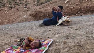 Preparation of materials to regenerate the cottage and feeding baby formula by alone nomadic father