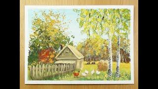 House in the village gouache drawing. How to draw a rural landscape. Video tutorial for beginners