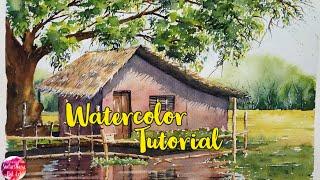 Learn watercolor painting of Indian village hut, tree & reflections, easy tutorial for beginners