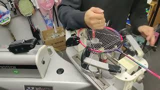 Badminton Racket Stringing - Lining Windstorm 72, top-down view, 4 knots, no talking, asmr