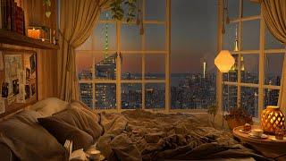  4K Peaceful Cozy Bedroom Ambience - NewYork City Rain on Windows - Jazz Music for Relax and Study