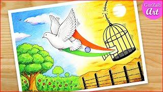 Independence Day Poster Drawing / 15 August Drawing of birds / freedom day painting (easy)