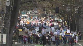 Protesters gather in downtown Portland ahead of Trump’s speech to Congress