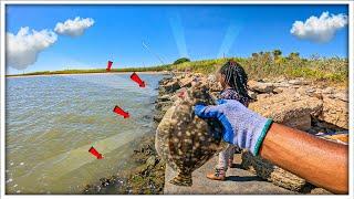 I CAUGHT Monster Flounder Near Galveston TX Using LIVE SHRIMP Bank Fishing!