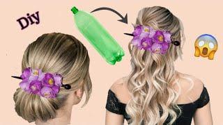 Prendedor de cabelo com flores e  Garrafa Pet -fácil demais