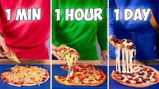 1 Minute vs 1 Hour vs 1 Day Pizza, Sushi , Sandwich , Steak , Noodles , Candy , Tiramisu , cookie