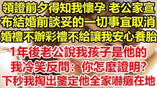 領證前夕得知我懷孕，老公家宣佈結婚前談妥的一切事宜取消，婚禮不辦彩禮不給讓我安心養胎，1年後老公說我孩子是他的，我冷笑反問：你怎麼證明？下秒我掏出鑒定他全家嚇癱在地#心寄奇旅#花開富貴#深夜淺讀