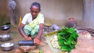 Grandmother Cooking Pumpkin Leaves & Wild Mushroom for her Lunch | Village Tribe Cooking Recipes