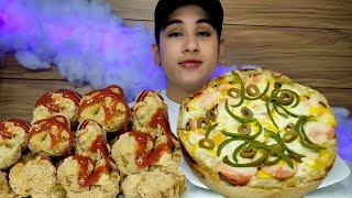 asmrfood/mukbang/Pizza cake and fried mushrooms/کیک پیتزا و قارچ سوخاری