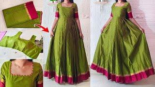 Convert Saree into Long Dress/Frock/Gown for Beginners | Potli Buttons Neck design stitching easily