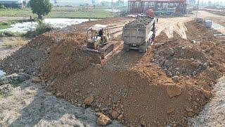 Skill Operator Bulldozer Pushing Clearing Dirt Land Filling Up KOMATSU D58E, 25Ton Truck Unloading