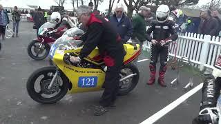 Motorcycle race action Goodwood Members Meeting Mike Spike Edwards motorbike racing 2T stroke Yamaha