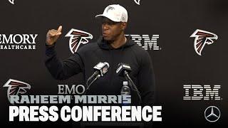 Raheem Morris speaks to the media as the Falcons prepare for their Week 14 matchup with the Vikings