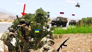 From the top of the hill Ukrainian JAVLIN troops run to ambush the Russian troop convoy