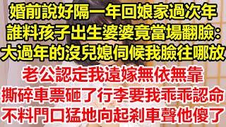 婚前說好隔一年回娘家過次年，誰料孩子出生婆婆竟當場翻臉：大過年的沒兒媳伺候我臉往哪放？老公認定我遠嫁無依無靠，撕碎車票砸了行李要我乖乖認命，不料門口猛地向起剎車聲他傻了#心寄奇旅#花開富貴#深夜淺讀