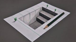 3d drawing stairs on paper step by step