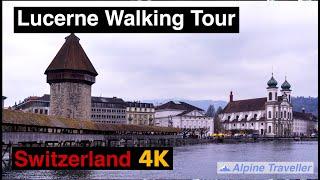 Lucerne City Walking Tour. Medieval City Luzern Switzerland 4K