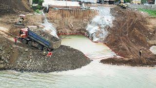 Incredible skill of dumping Rock Into Deep Water By Dump Trucks and KAMATSU Dozer D31P