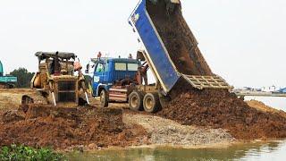 Incredible Activity Construction Equipment Working Bulldozer Pushing Dirt & Dump Truck Unloading