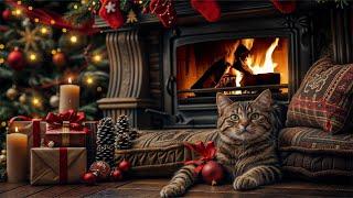 Crackling Fireplace, Fire Sound & Purring Cat ASMR | Cozy Christmas Fireplace help Relax & Sleep