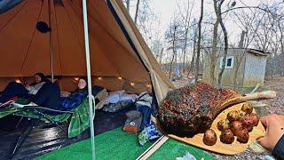 Winter Hot Tent Camping | Cooking Tomahawk Steaks