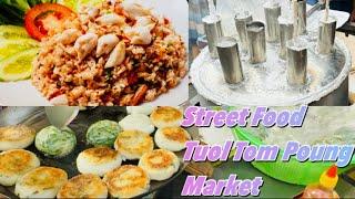 Crab Fried rice-Steam rice flour with coconut- Chive Cake at Tuol Tom Poung Market || Street Food