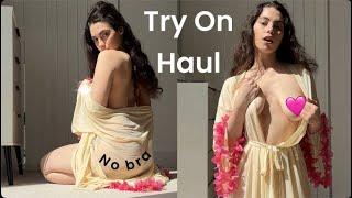 Try-On Haul transparent Robe | 4k | beige robe | See through & no bra