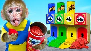 KiKi Monkey play Four Colors Challenge by Elemental Pringles Potato Chips Machine | KUDO ANIMAL KIKI