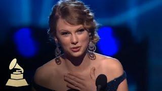 Taylor Swift accepting the GRAMMY for Best Country Album at the 52nd GRAMMY Awards | GRAMMYs