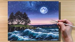 Acrylic Painting Moonlight Waves / Correa Art