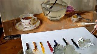 How to Paint a Porcelain Cup. Fragment of work on the painting. Palette and mixing paints