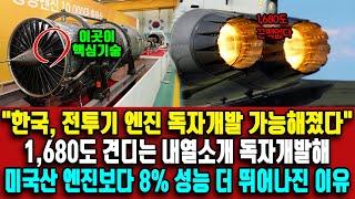 "한국, 미국산 엔진보다 8% 더 뛰어난 전투기 엔진을 개발하는 이유" ㅣ1,680도 이상을 견디는 내열소재를 독자개발해 KF-21엔진 개발의 가장 큰 난제를 해결한 상황