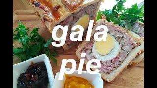 Classic British Gala Pie, pork and egg pie with hot water pastry