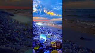 Glowing Ocean Glass Pebbles Line the Beach at Night, Beautiful Nature and Travel #ambience #sunset