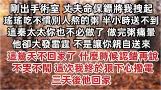 剛出手術室 丈夫命保鏢將我拽起 瑤瑤吃不慣別人做的粥 半小時看不到粥這秦太太你也不必做了 做完粥痛暈 他卻大發雷霆不是讓你親自送來 這幾天不回家了 什麼時候認錯再說 這次我終於狠下心撥電 三天後他回家