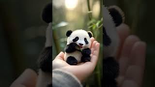 Panda is sitting in the palm of a person's hand, chewing bamboo #shorts #cuteanimals #ai #cute