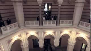 Short  teaser of driving drone inside monumental city hall in Sarajevo