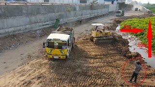 Ability Really Great! Technique Building Road By Operator Skill Bulldozer Pushing Dirt Into Water