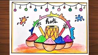 Holi drawing easy| Happy Holi poster drawing| Holi festival drawing| Holi special Card drawing