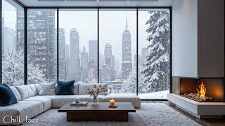 Winter Snowstorm at Cozy NYC Apartment Ambience with Warm Piano Jazz Music by Crackling Fire️