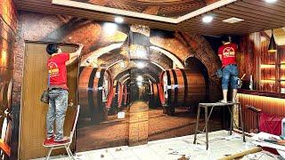 Tranh 3D Dán Tường Hầm Rượu Nhà Hàng Chất Liệu Vải Lụa Cao Cấp - Sơn Kim