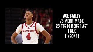 Ace Bailey vs Merrimack (23 PTS 10 REBS 1 AST 1 BLK) 11/20/24