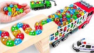 Marble Run Race  HABA Slope & Retro Makita Truck, Excavator, Garbage Truck, Dump Truck, Ambulance