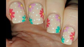 Spring NAIL ART 2023 | Beige Nails With Colorful Flowers | Beginner Manicure