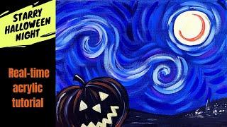 E87 - 'Starry Halloween Night' Easy Halloween acrylic painting tutorial Starry Night jack-o-lantern